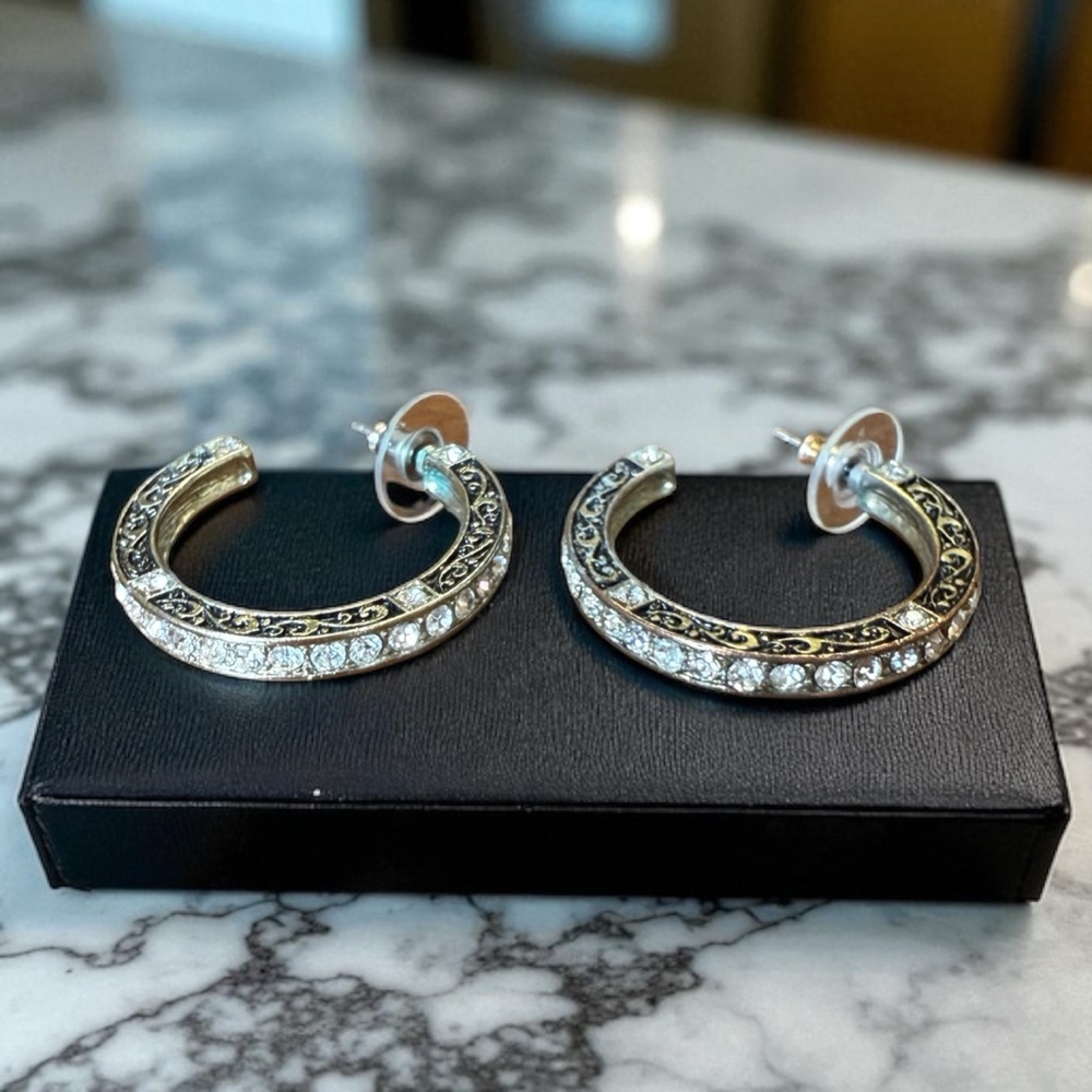 Elegant Black and Gold Tone Rhinestone Hoop Earrings. - Picture 5 of 8